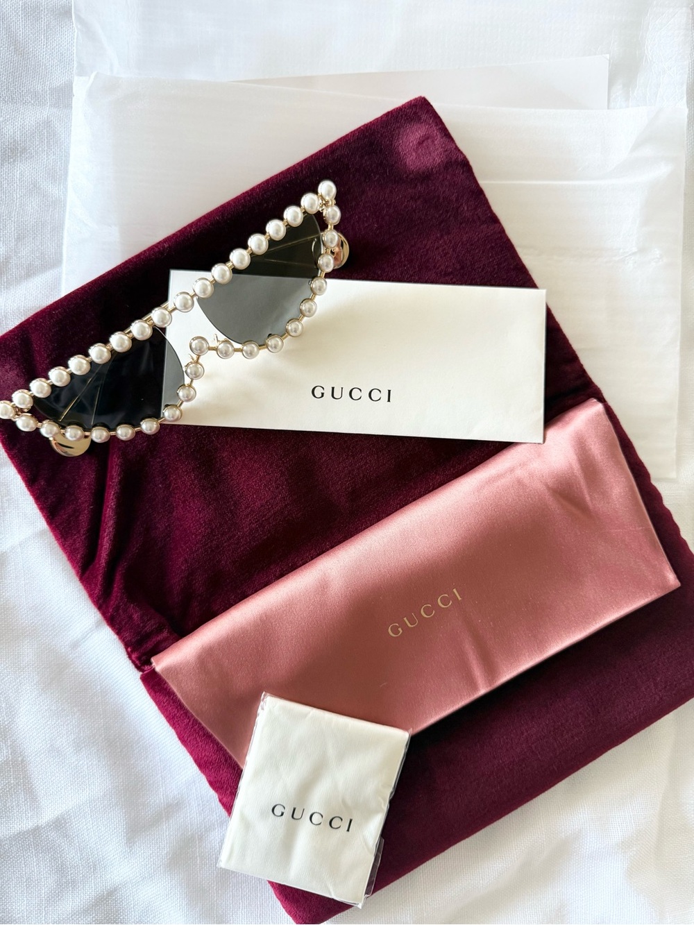 NWT • Gucci Pearl-Trim Cat Eye Sunglasses
